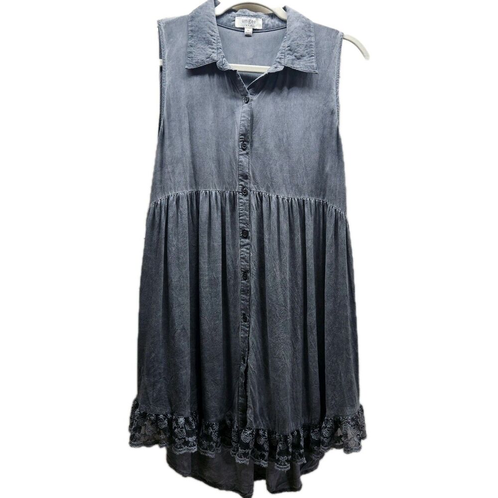 Umgee Womens Gray Stone Wash  Button Down Shirt Dress Size Medium Lace Trim